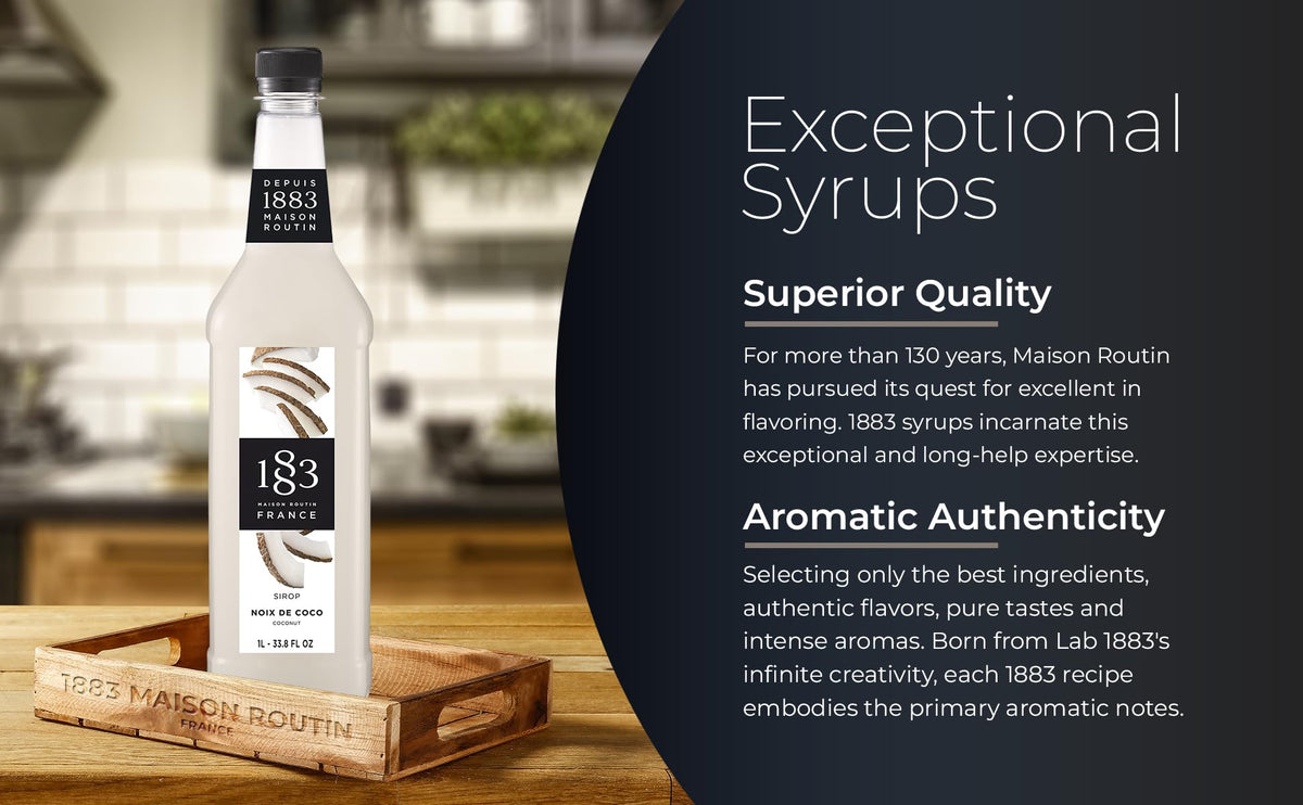 1883 Maison Routin Coconut Syrup poured into coffee to add tropical flavor.