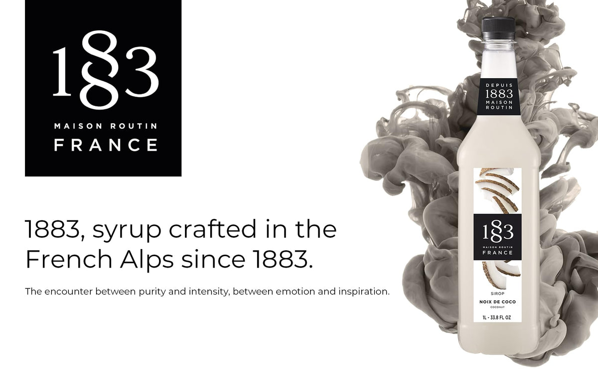 1883 Maison Routin Coconut Syrup label closeup highlighting premium ingredients for drinks.