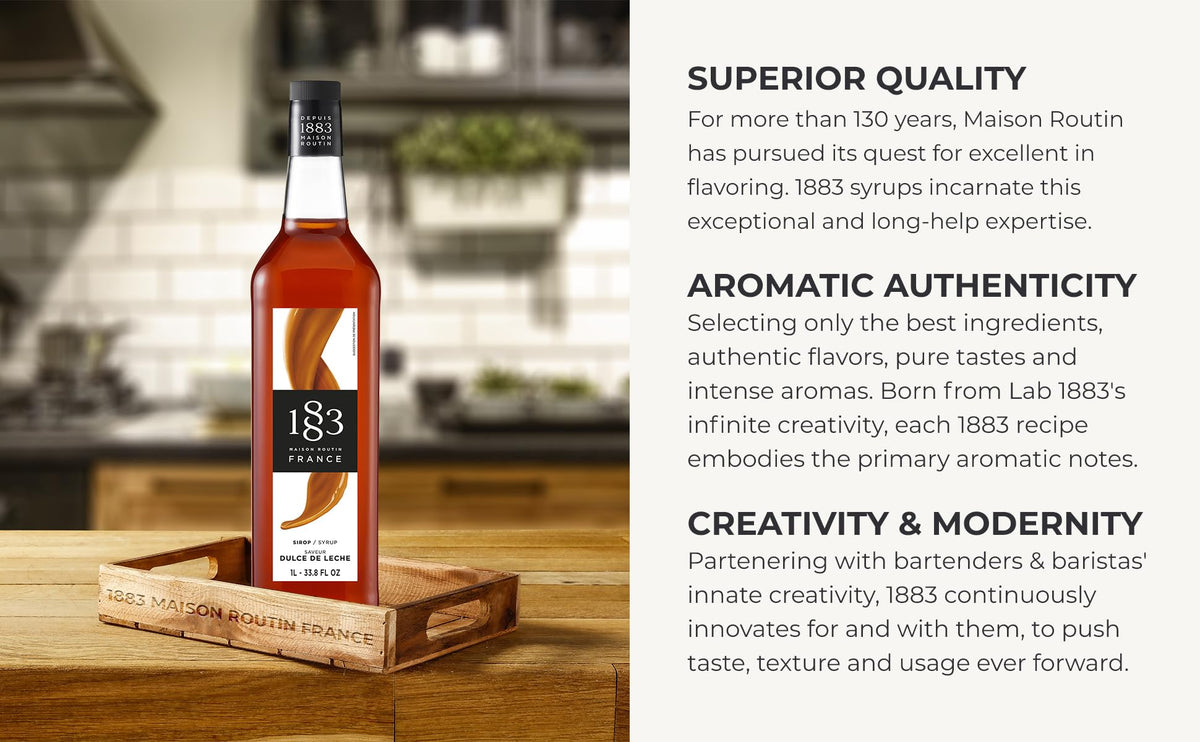 1883 Maison Routin Dulce de Leche Syrup milkshake context suggests indulgent treat at home.