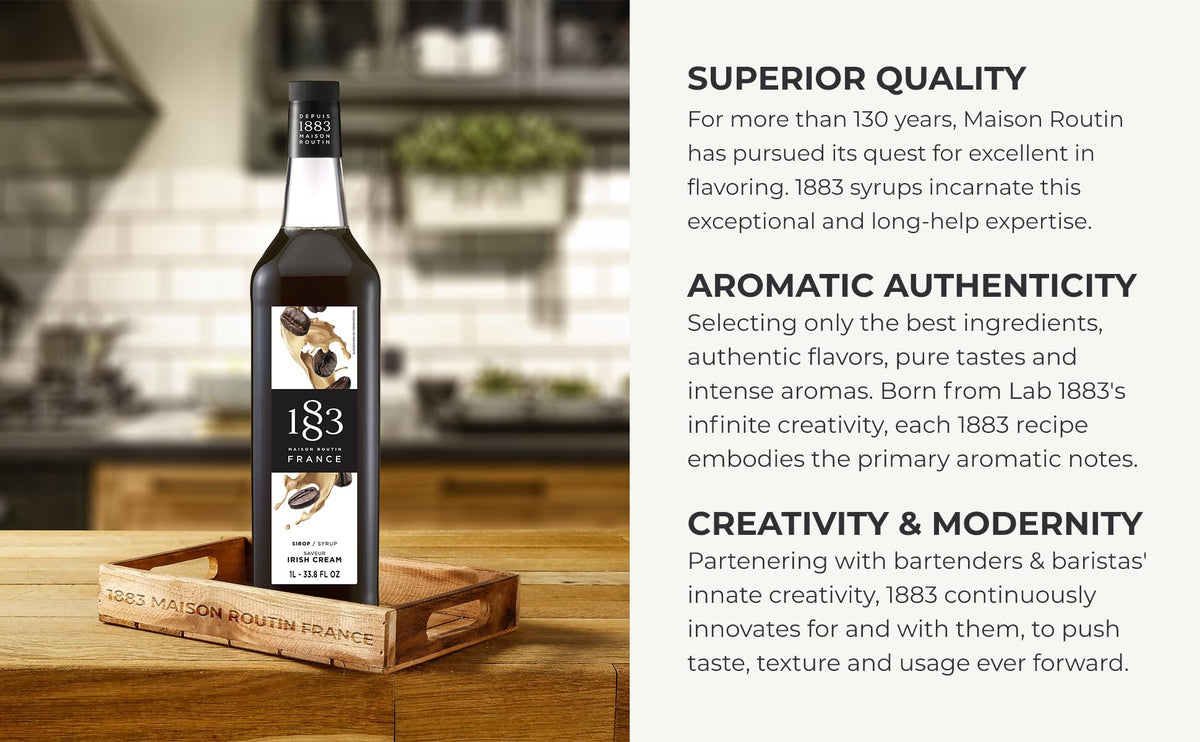 Bottle cap on 1883 MAISON ROUTIN Irish Cream Syrup for easy daily use