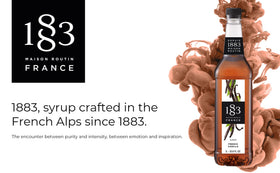 1883 MAISON ROUTIN latte art scene shows creamy foam and vanilla swirl.