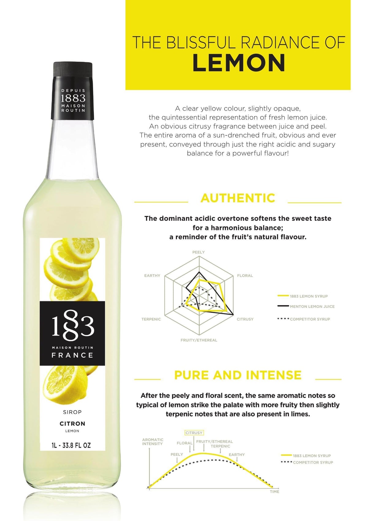 Close-up of 1883 MAISON ROUTIN lemon syrup cocktail-mixer showing smooth blend