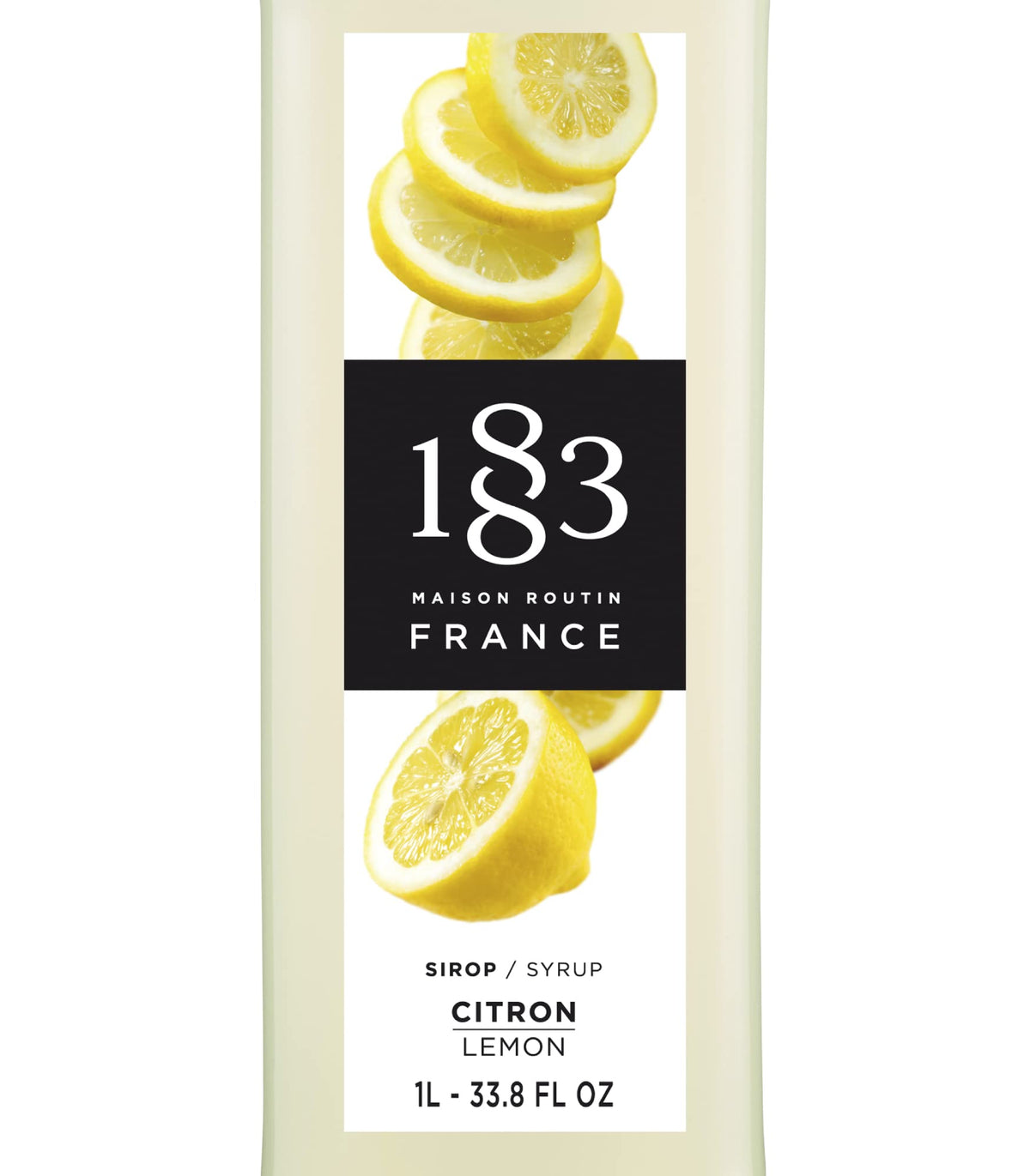 1883 MAISON ROUTIN lemon syrup being poured into a glass for bright cocktails