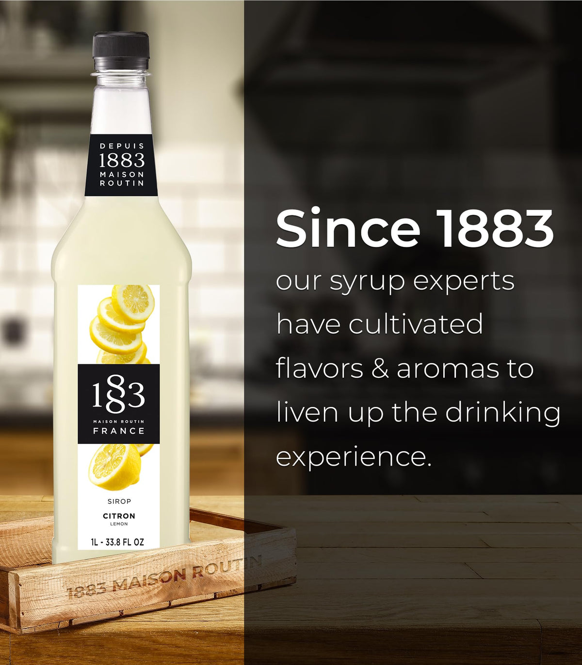 1L packaging of 1883 MAISON ROUTIN lemon syrup on shelf