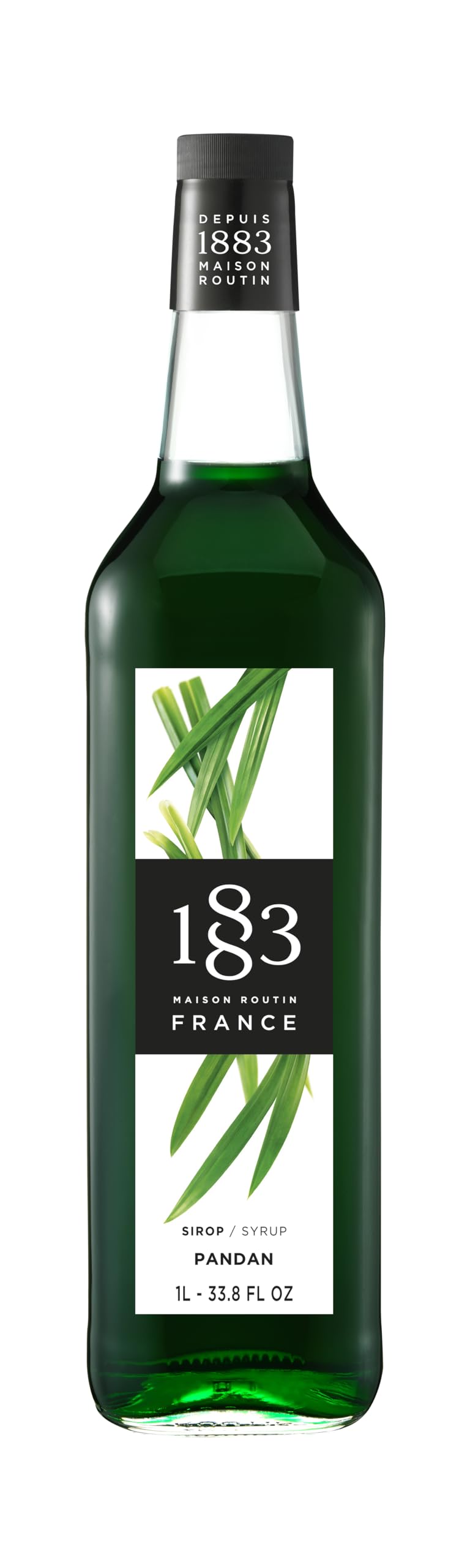1883 Pandan syrup bottle on a bar setup, ideal for tropical-flavored drinks