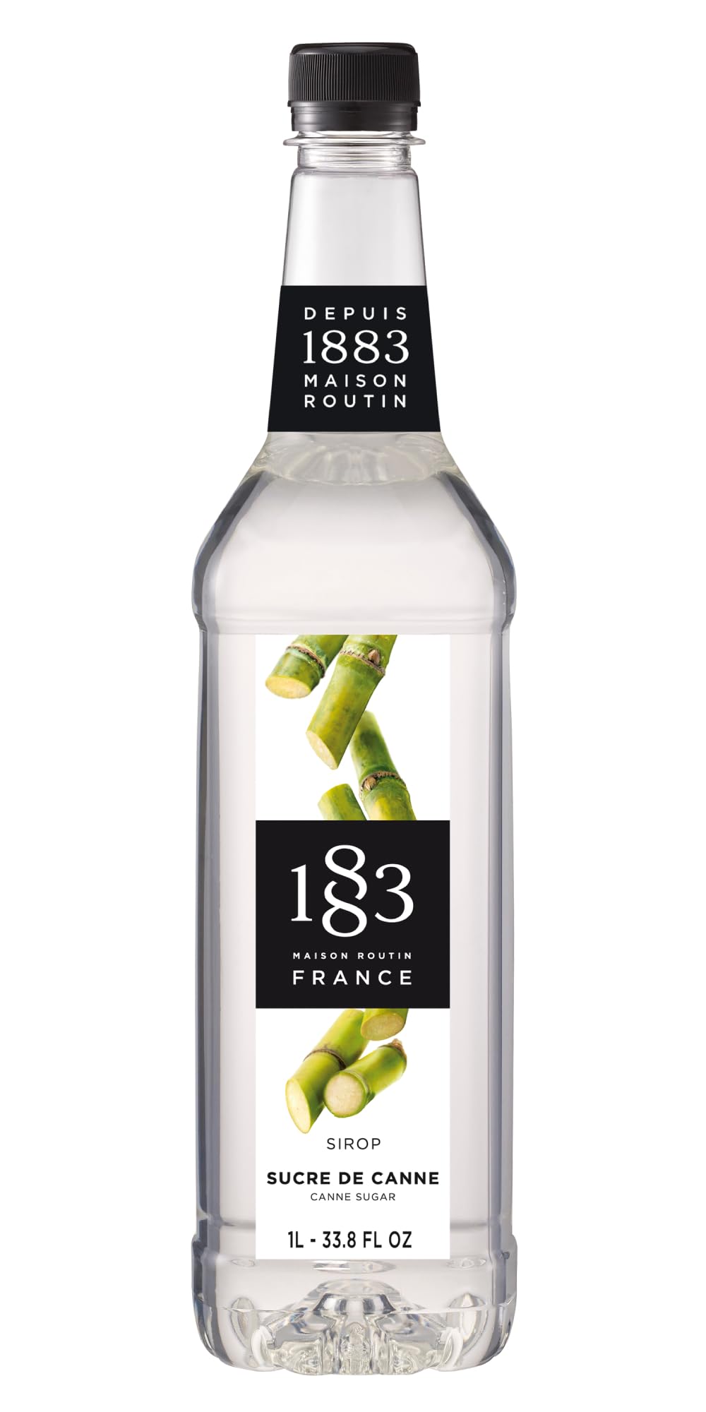 1883 Maison Routin Pure Cane Sugar Syrup bottle front, smooth café-ready sweetness for beverages.