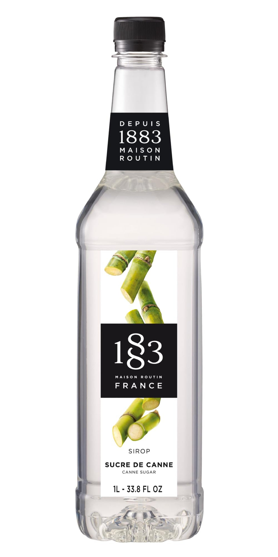 1883 Maison Routin Pure Cane Sugar Syrup bottle front, smooth café-ready sweetness for beverages.