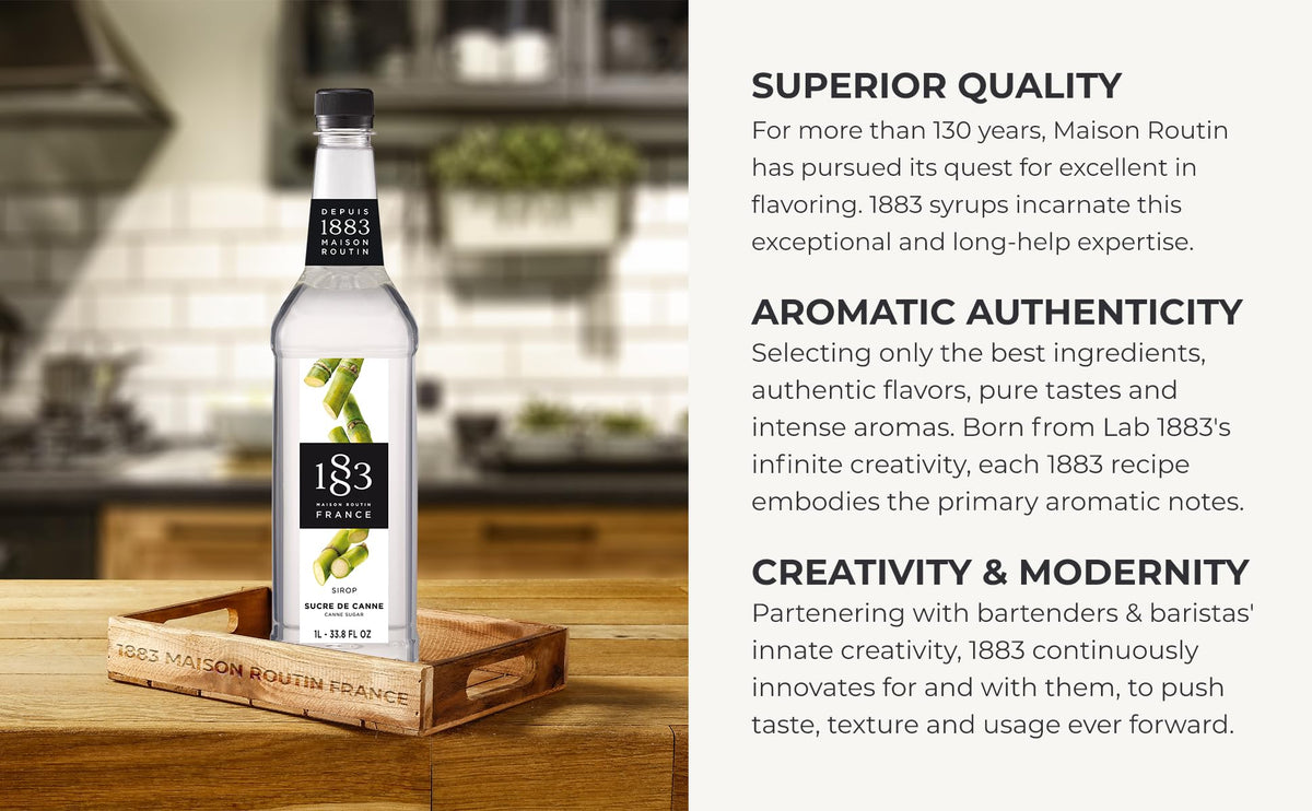 1883 Maison Routin Pure Cane Sugar Syrup dessert topping, subtle sweetness.