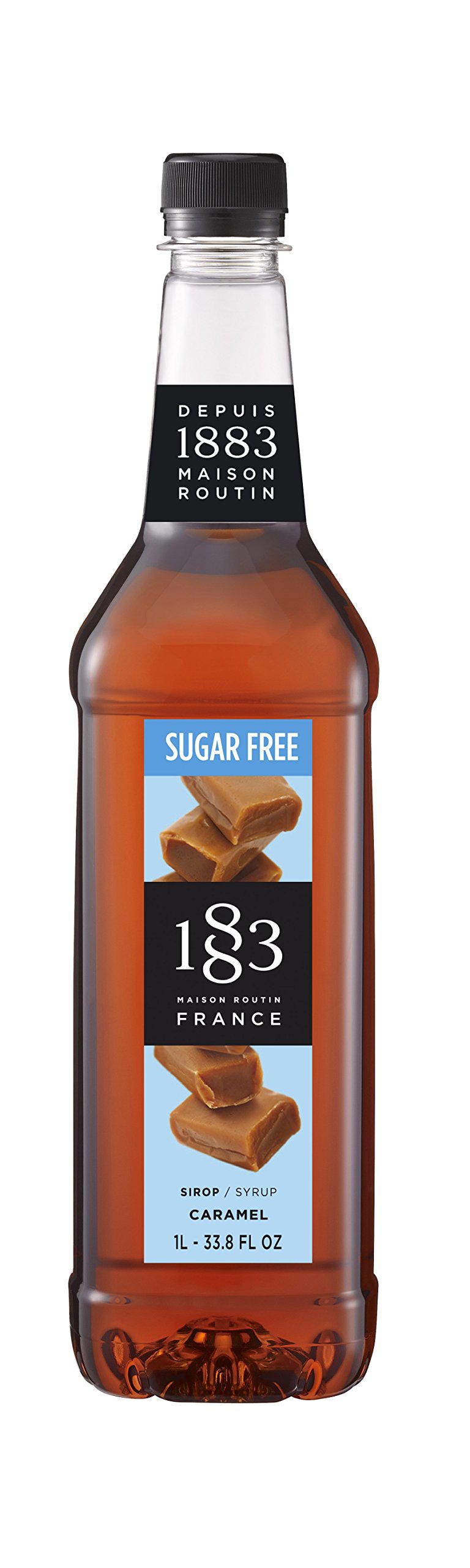 1883 Maison Routin sugar-free caramel syrup bottle ideal for sugar-free coffees.