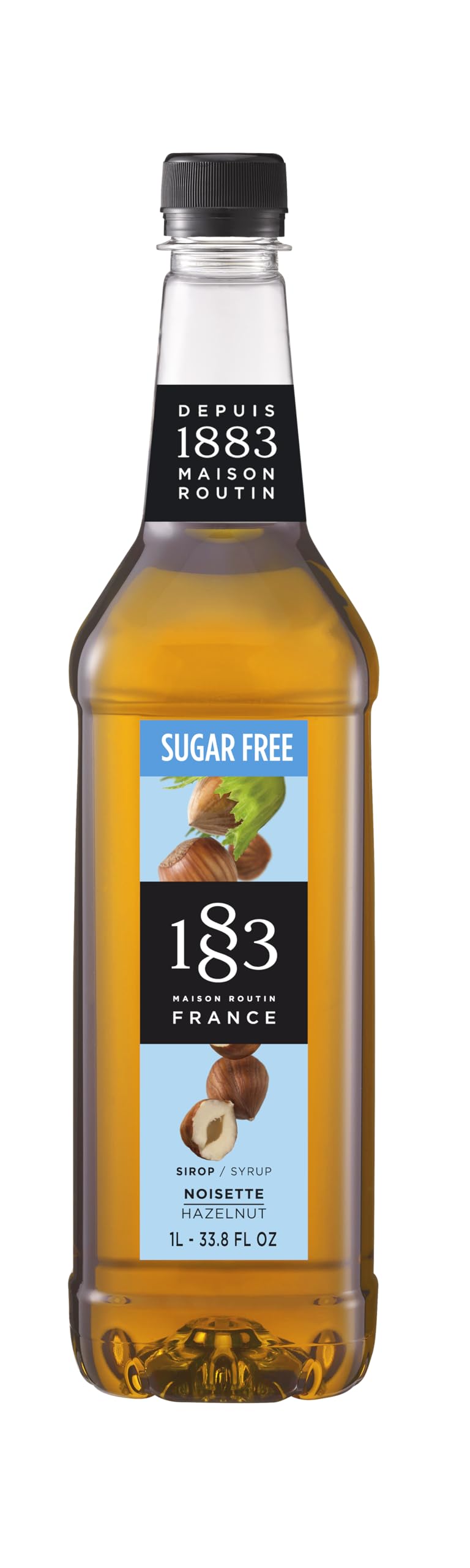 1883 Maison Routin sugar-free hazelnut syrup bottle enhances coffee and desserts