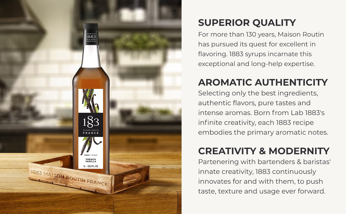 1883 Maison Routin vanilla syrup 1-liter glass bottle on bar