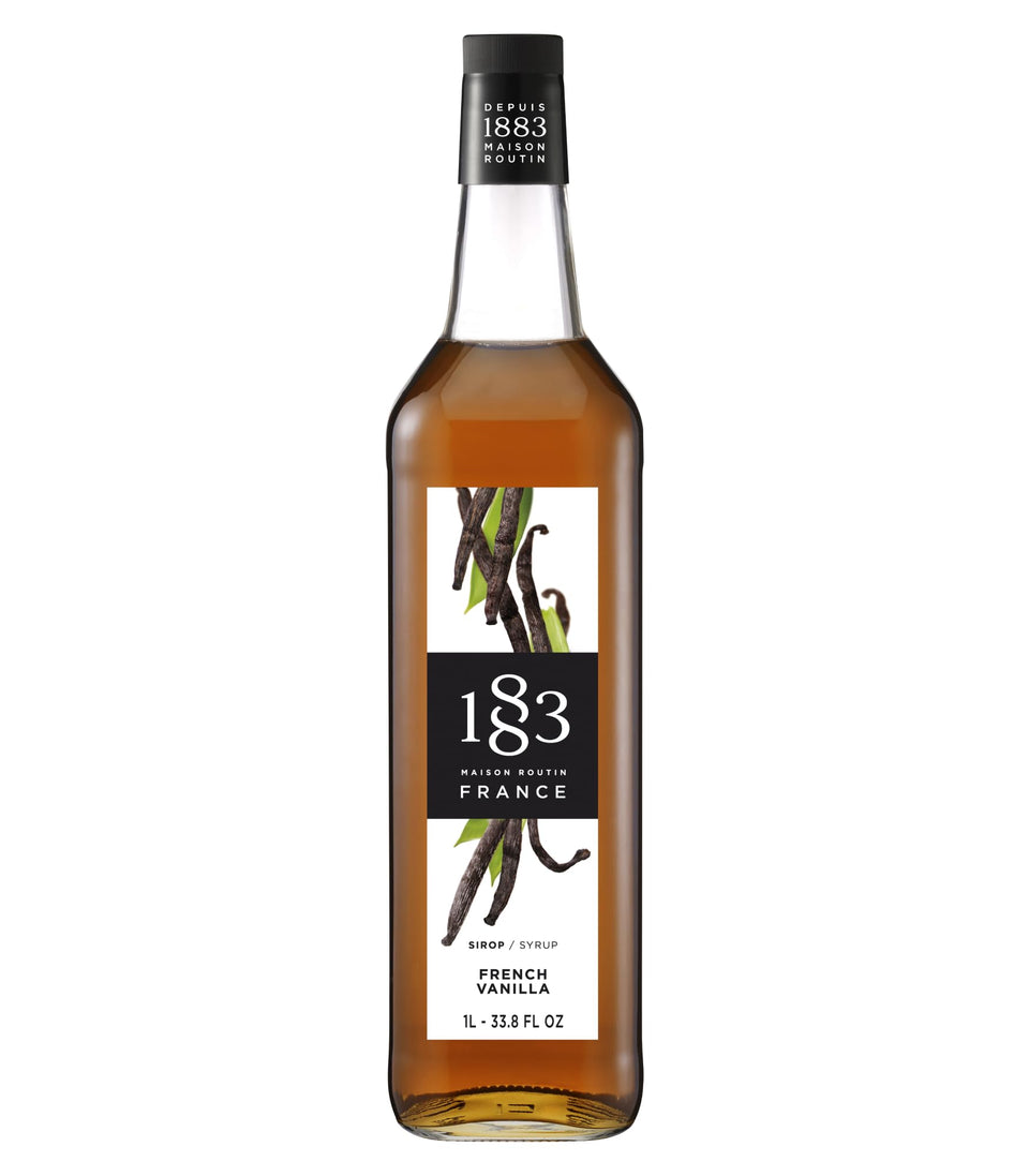 1883 Maison Routin vanilla syrup bottle front showcases premium French vanilla flavor for gourmet drinks