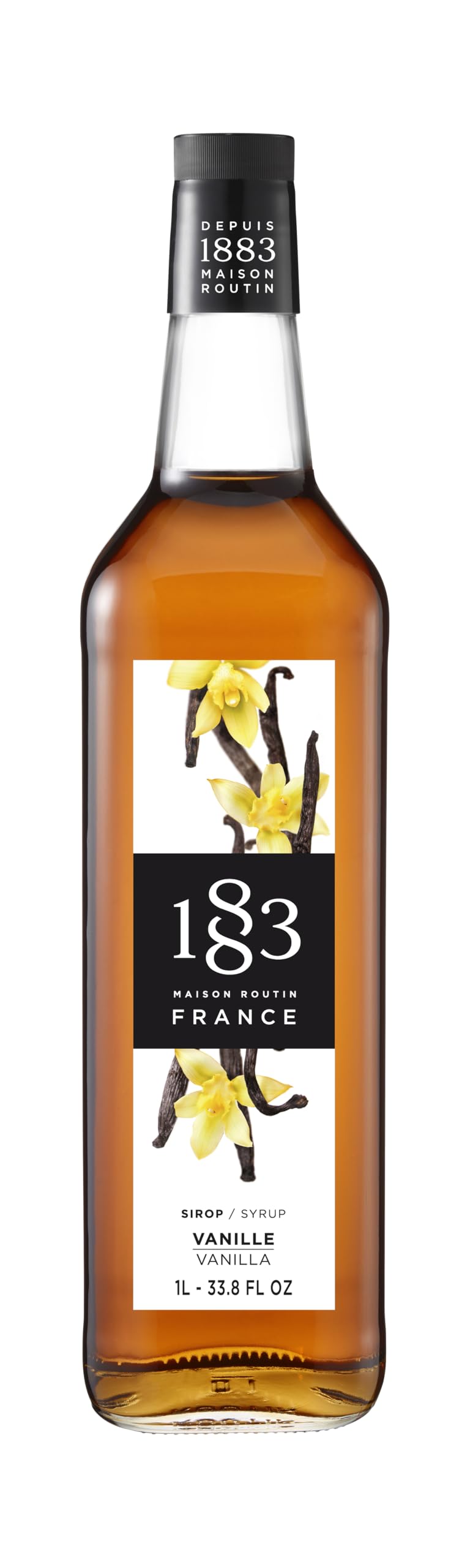 1883 MAISON ROUTIN vanilla syrup bottle enhances coffees and desserts