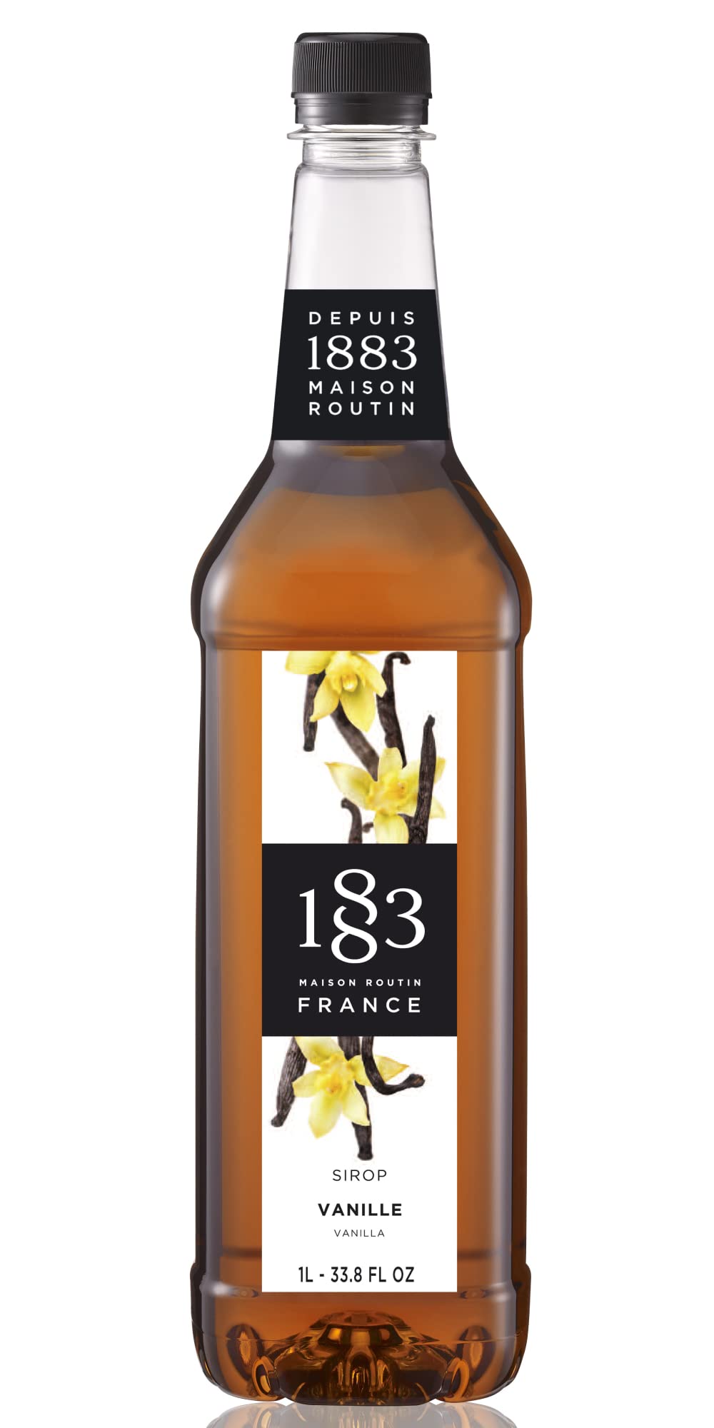 1883 Maison Routin vanilla syrup bottle ready for coffee, cocktails, and desserts.