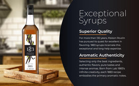 1883 Maison Routin vanilla syrup beside a cocktail glass for versatile drinks