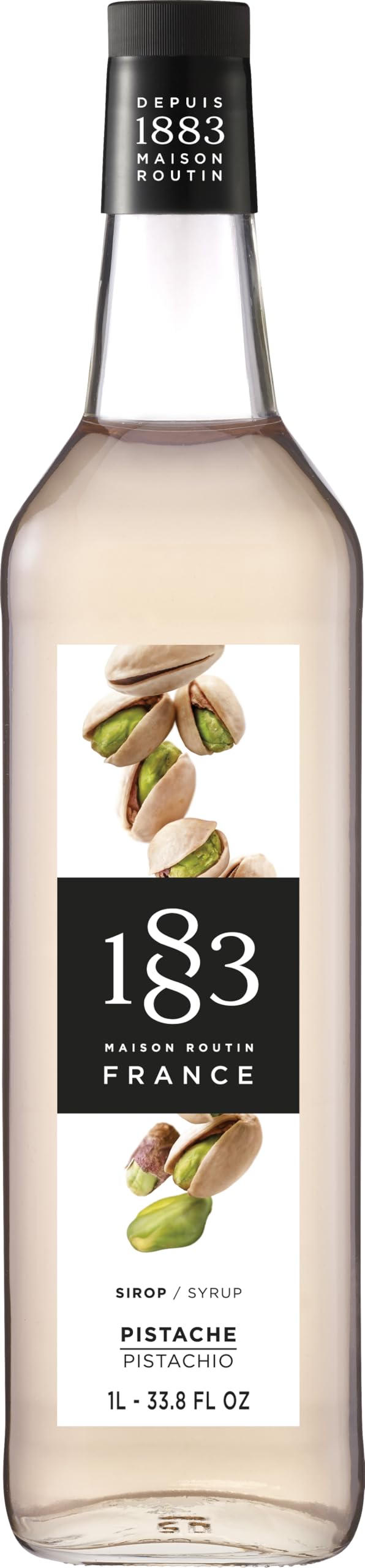 1883 Pistachio syrup bottle close-up highlighting premium flavor for coffee and cocktails.