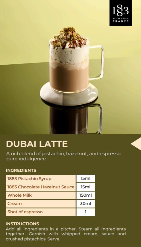 1883 Pistachio Syrup in a coffee cup to enhance lattes