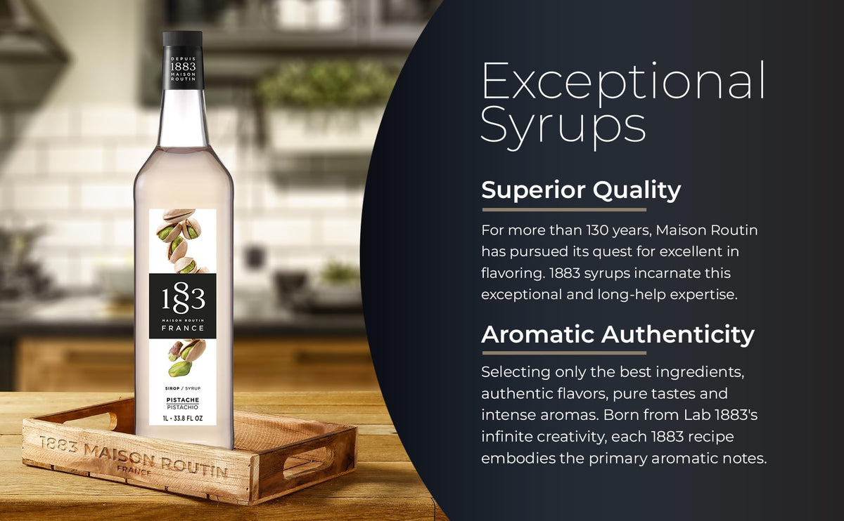 1883 Pistachio syrup ingredients emphasizing natural flavors and cane sugar.