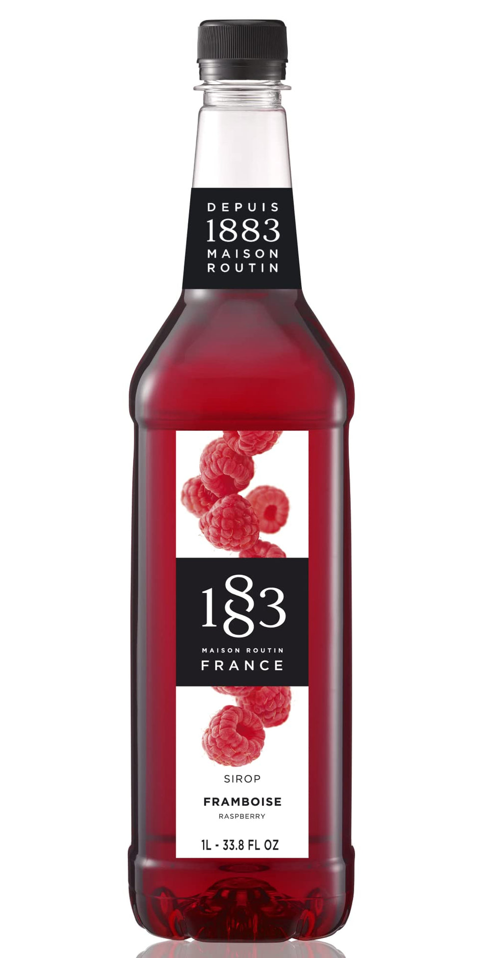 1883 Raspberry Syrup bottle boosts flavor in cafe beverages.