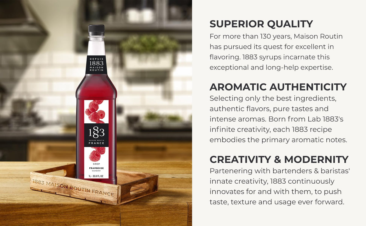 1883 Raspberry Syrup drizzle over dessert for glossy berry flavor.