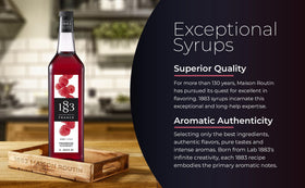 1883 Raspberry Syrup packaging shown for long shelf life and freshness.