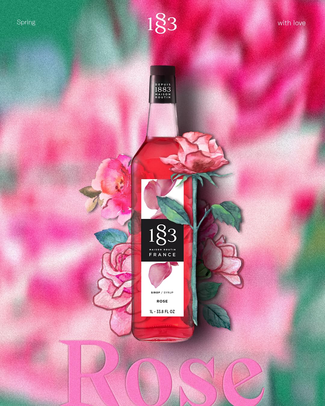 1883 Rose Syrup pour-spout ready to flavor beverages precisely