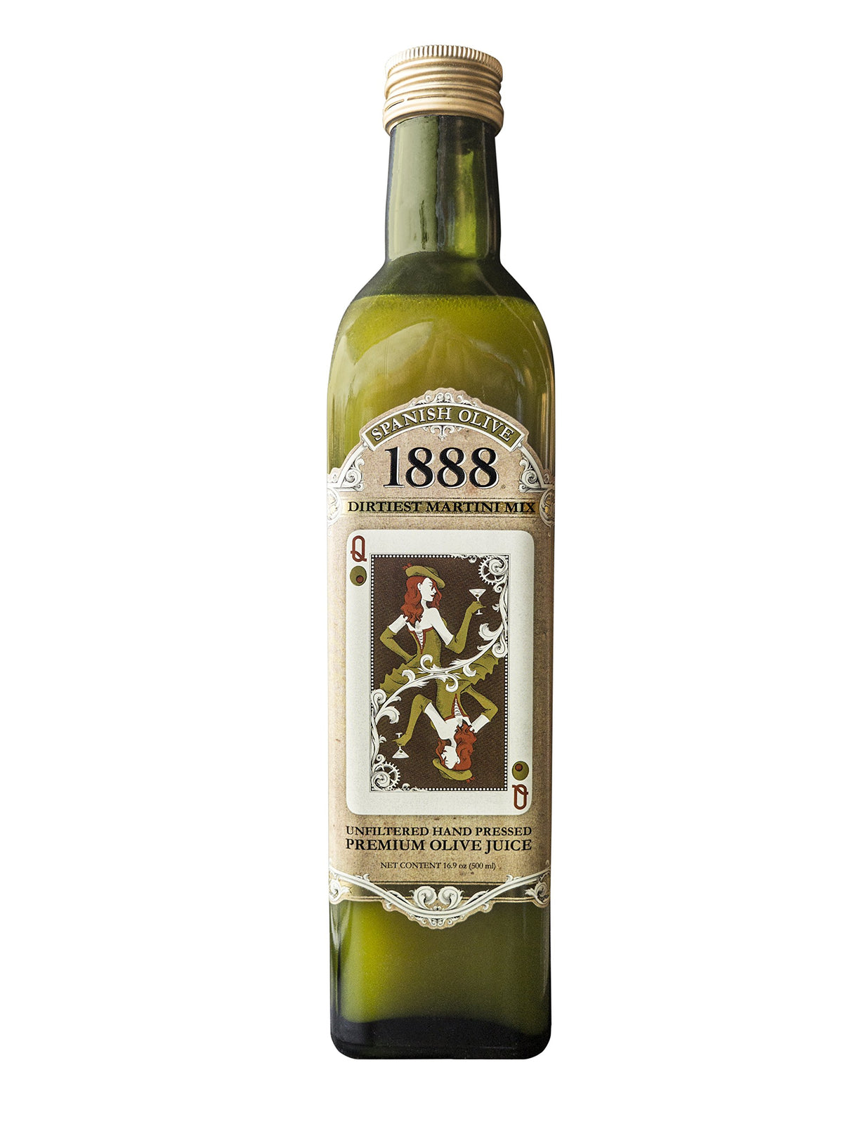 1888 Dirtiest Martini Mix bottle label shown, delivering bold olive flavor for premium cocktails.