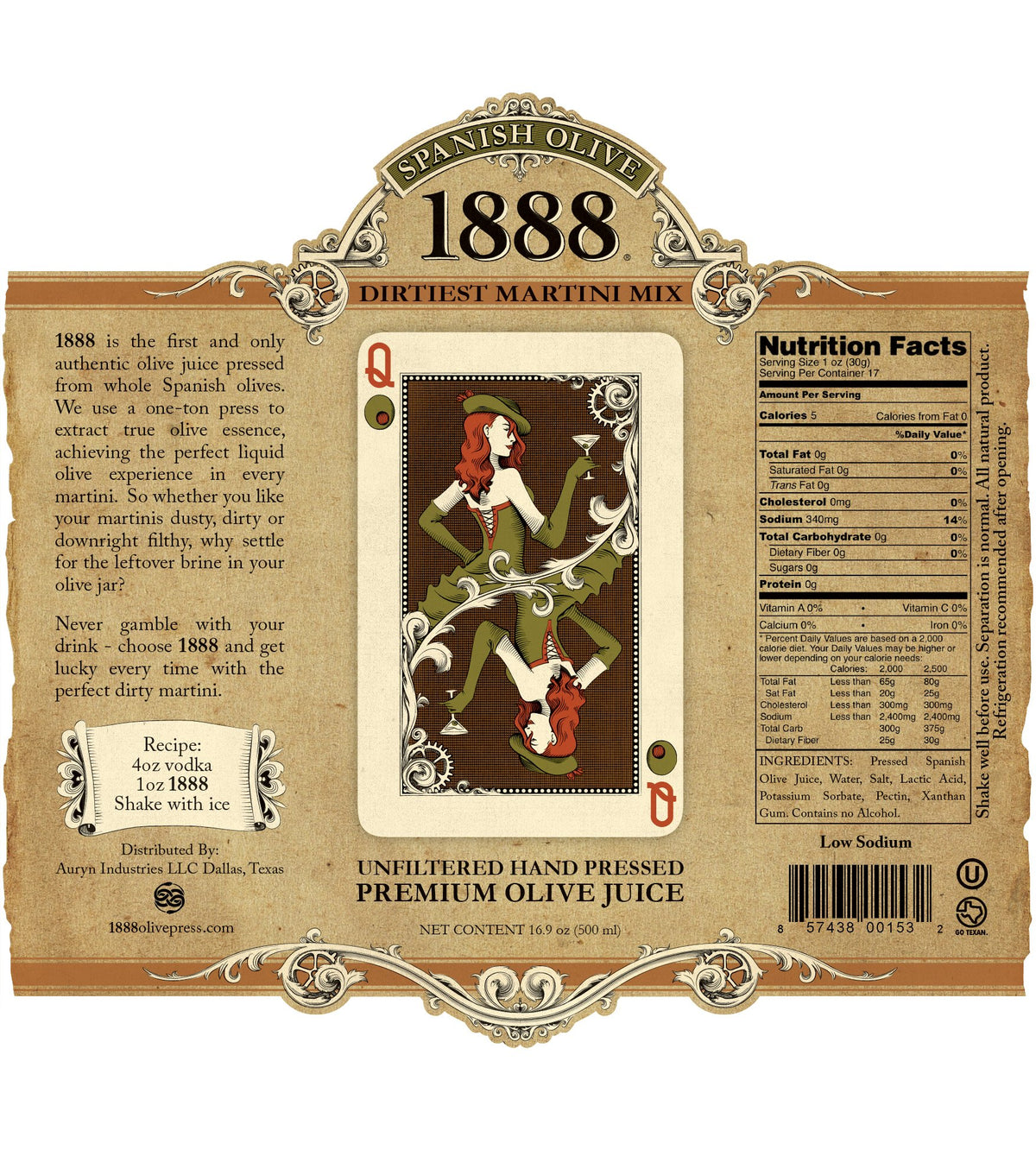 1888 Dirtiest Martini Mix bottle pour highlights easy, ready-to-make dirty martinis with consistent results.