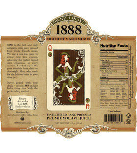 1888 Dirtiest Martini Mix bottle pour highlights easy, ready-to-make dirty martinis with consistent results.