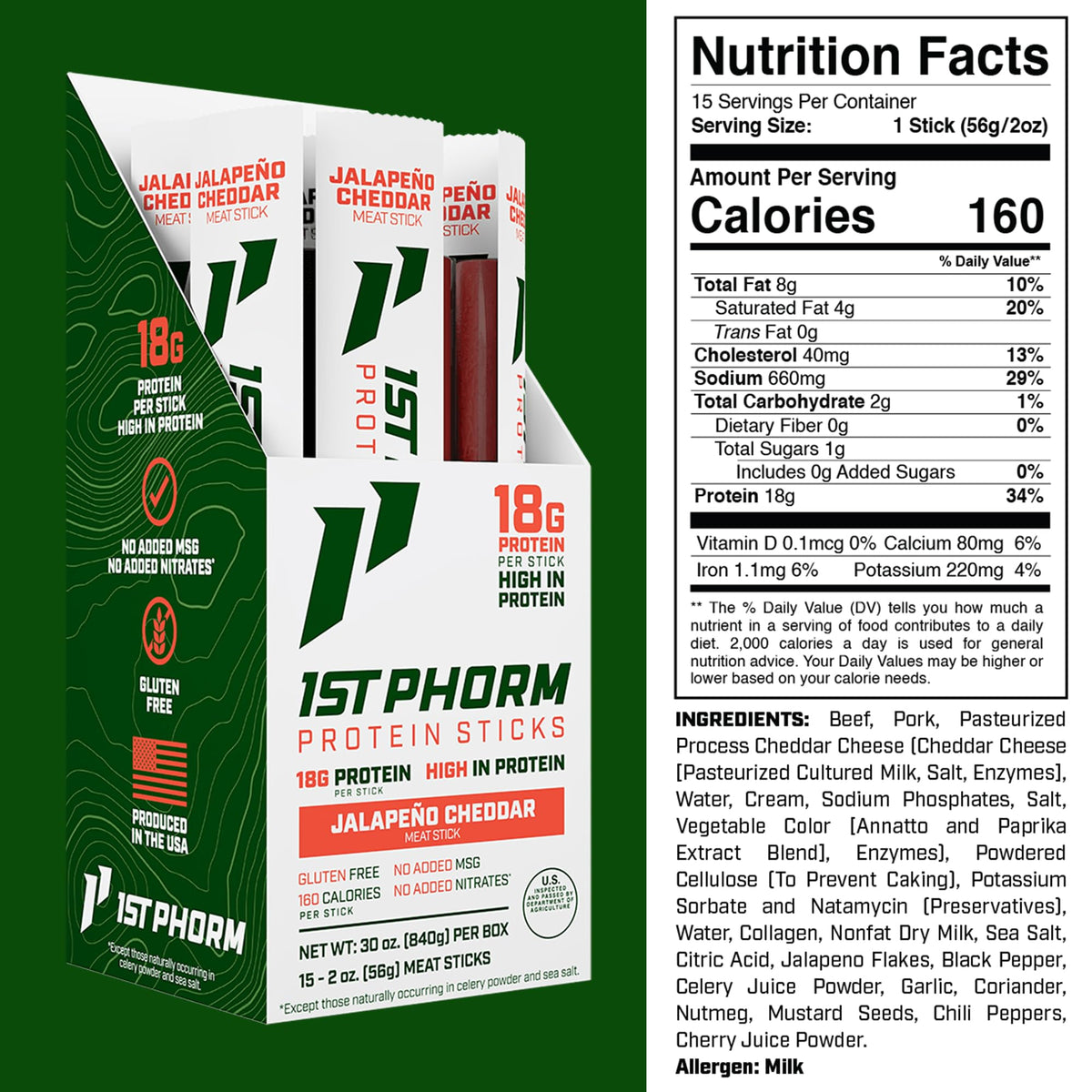 1st Phorm Meat Sticks with 18g protein per stick, ideal for workouts