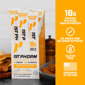 1st Phorm Meat Sticks close-up protein stick emphasizes savory breakfast sausage taste.