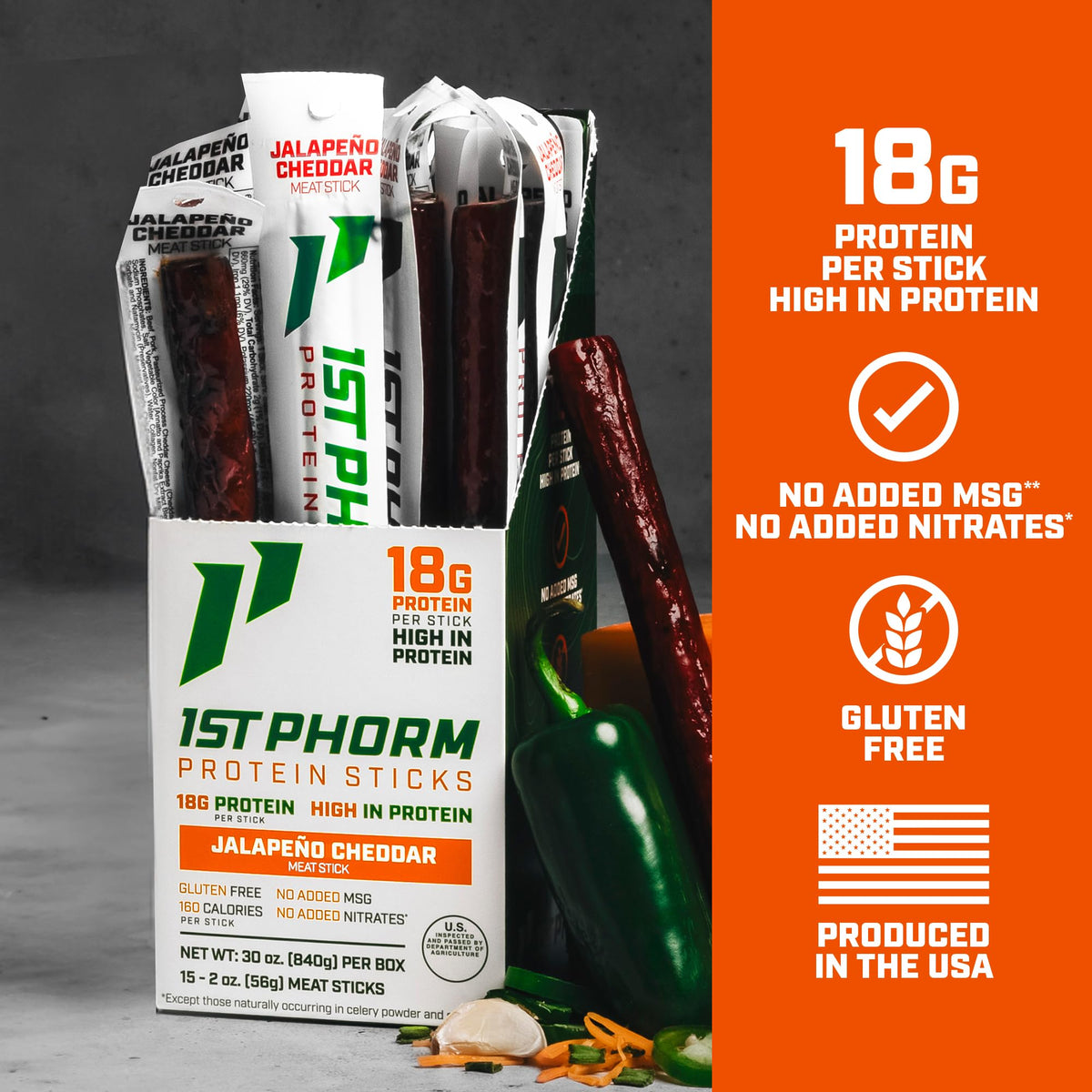 Individually wrapped 1st Phorm Meat Sticks ready for travel and gym bags