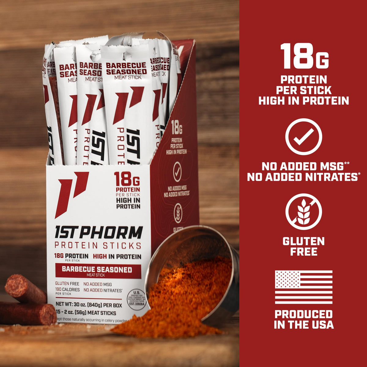 1st Phorm Meat Sticks ingredients panel highlights clean, MSG and nitrate-free recipe.