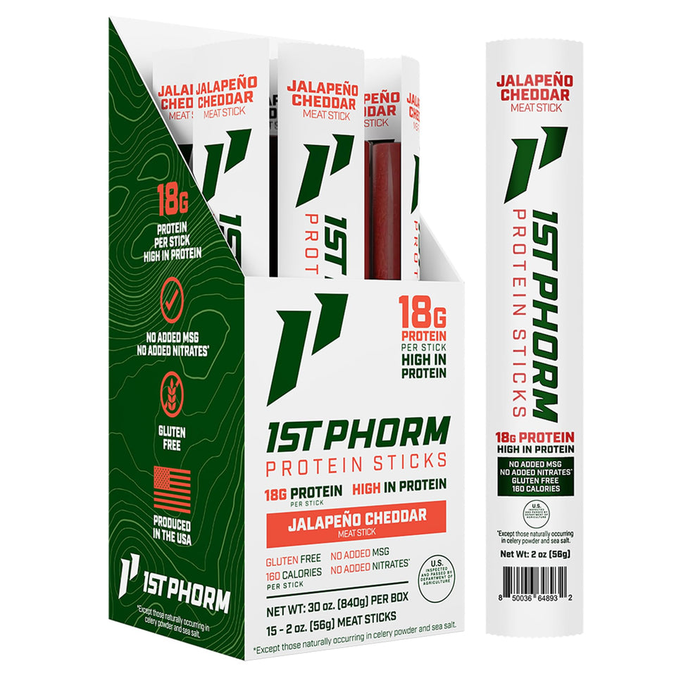 1st Phorm Meat Sticks Jalapeno Cheddar pack, bold flavor for on-the-go snacking