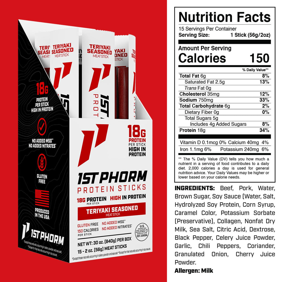 Label highlights gluten-free and 0g sugar with 2g carbs per serving.