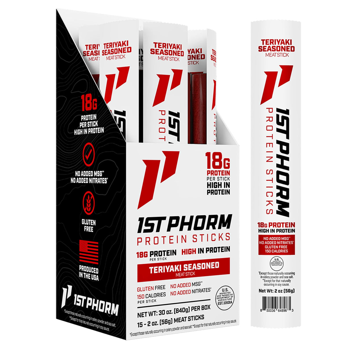 1st Phorm meat sticks teriyaki packaging highlights bold flavor and convenient grab-and-go snacking.
