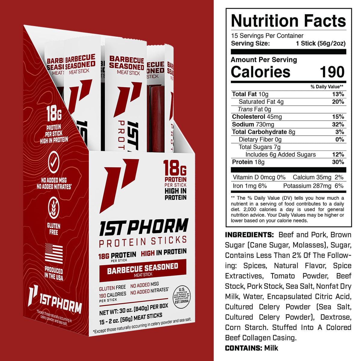 USA-raised pork quality and bold flavor in 1st Phorm Meat Sticks.