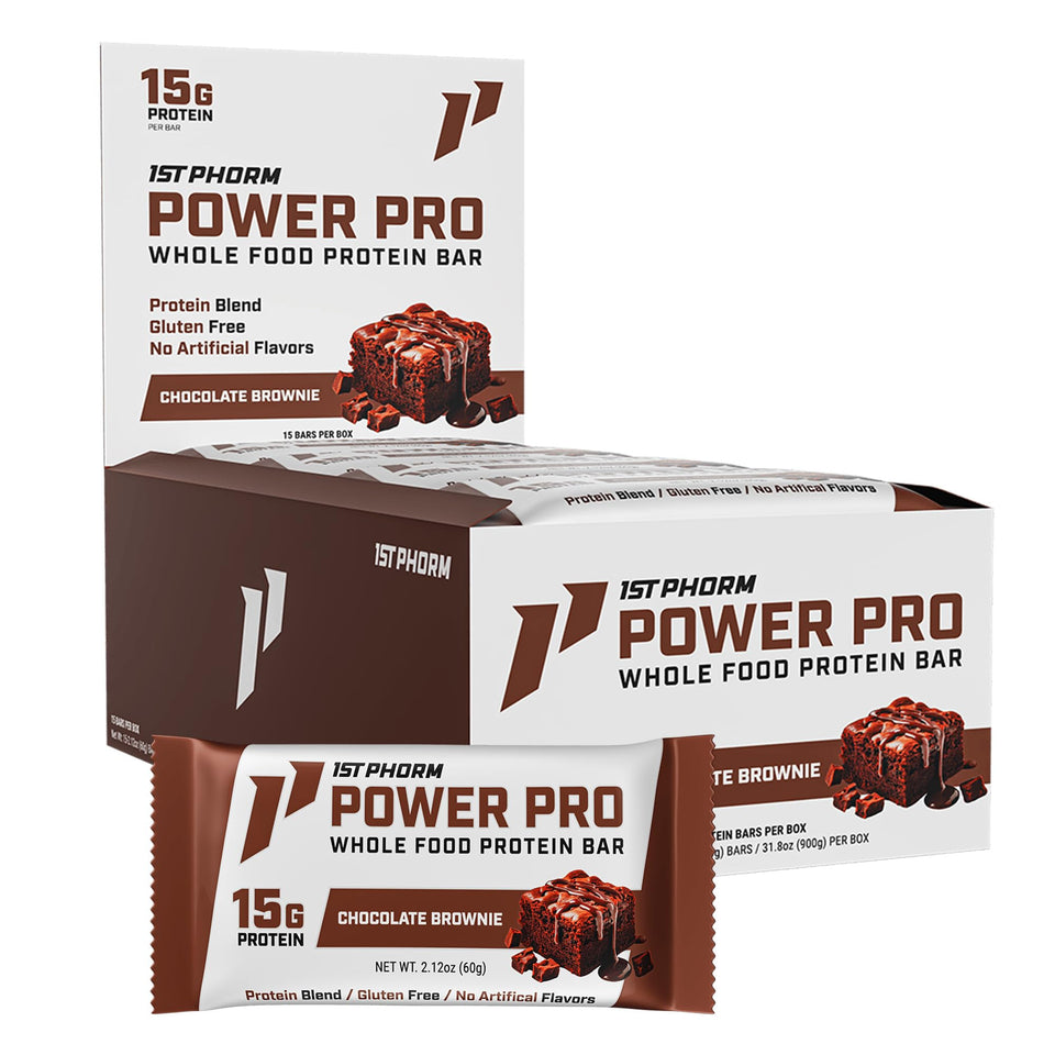1st Phorm Power Pro bar chocolate brownie, front view, protein-packed on the go.
