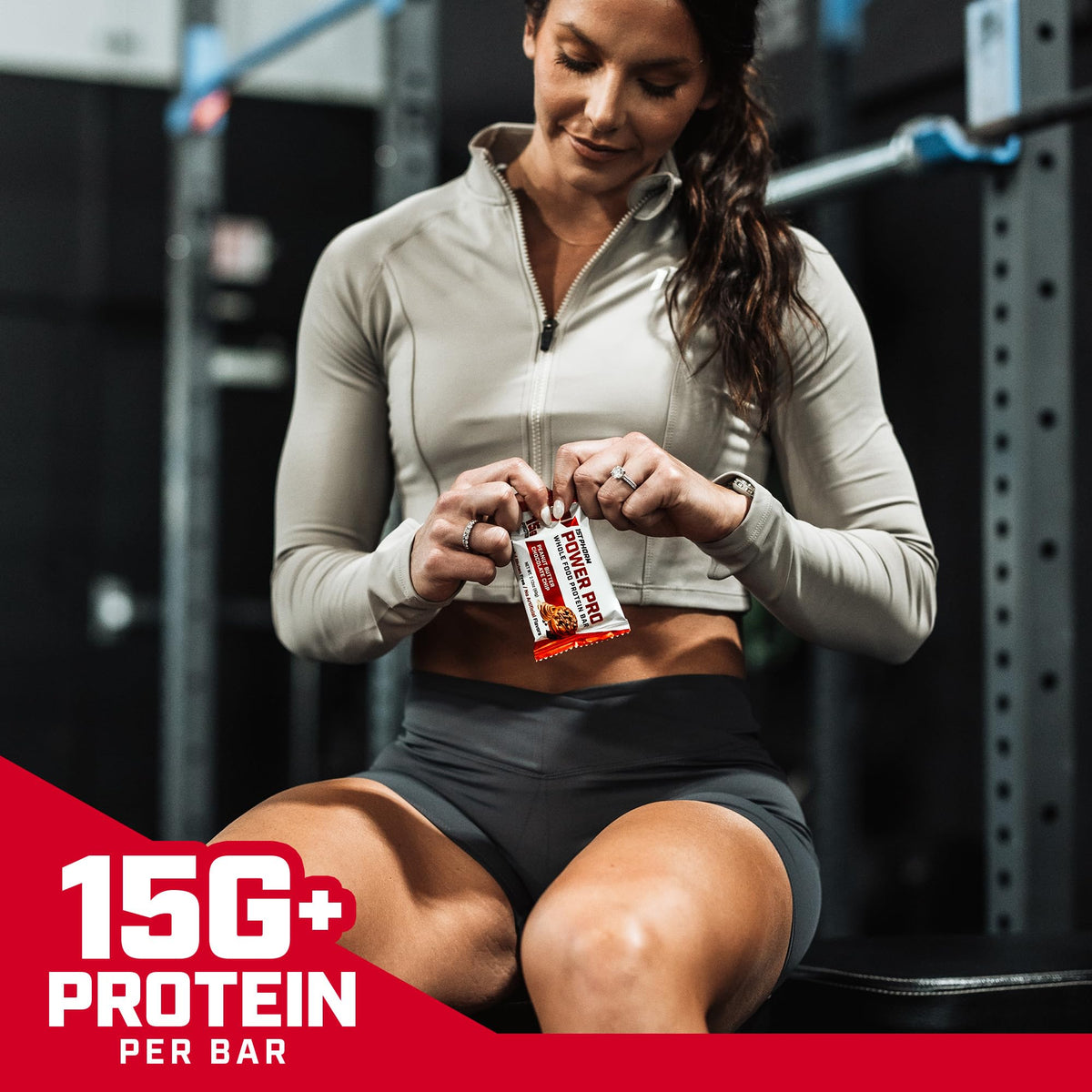1st Phorm Power Pro Bar bite image emphasizes rich peanut butter and chocolate chips.