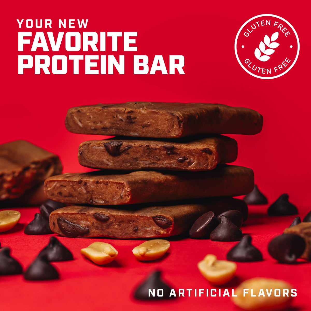 1st Phorm Power Pro Bar closeup highlights peanut butter chocolate chip texture for a satisfying bite.