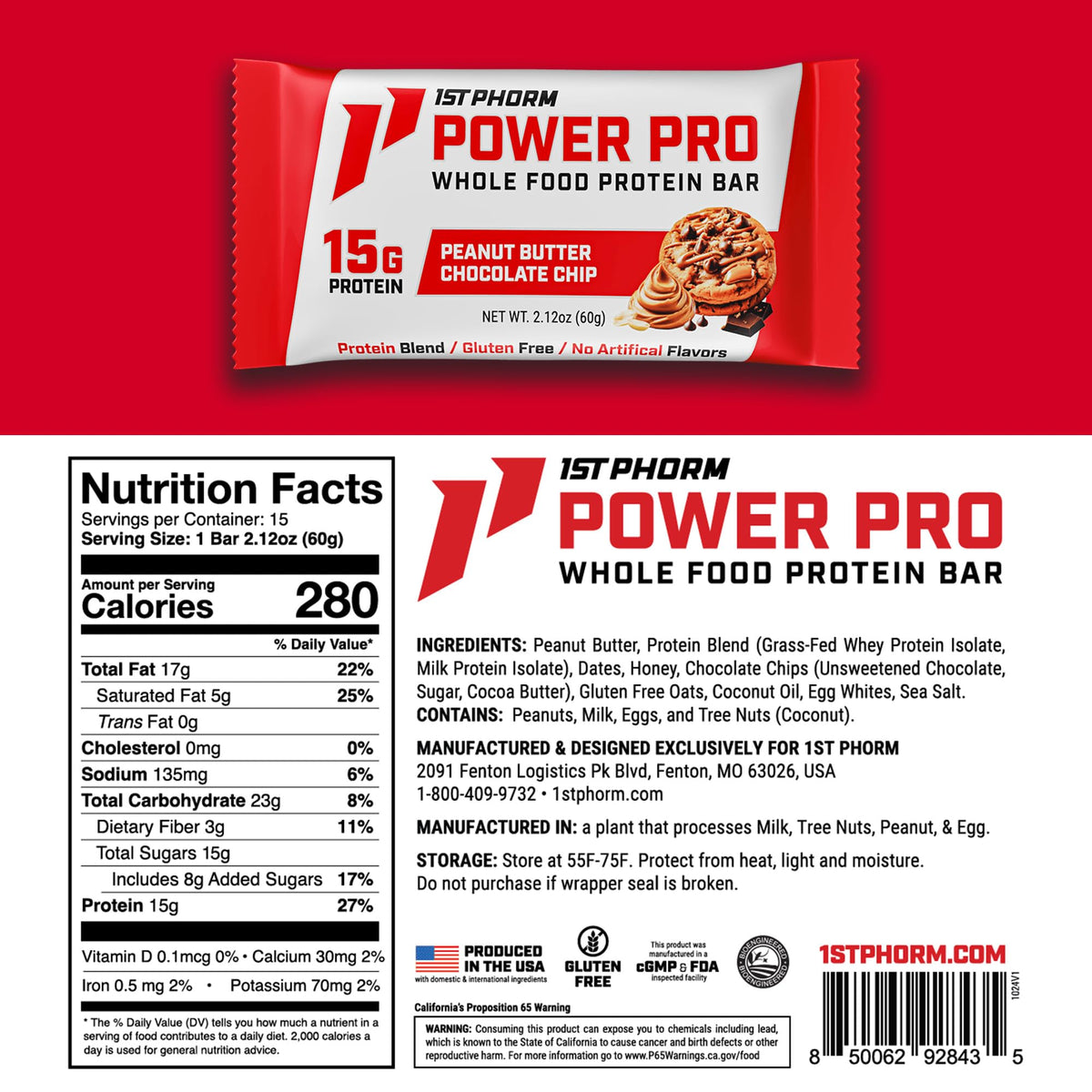 1st Phorm Power Pro Bar on-shelf image suggests convenient pantry or gym snack option.