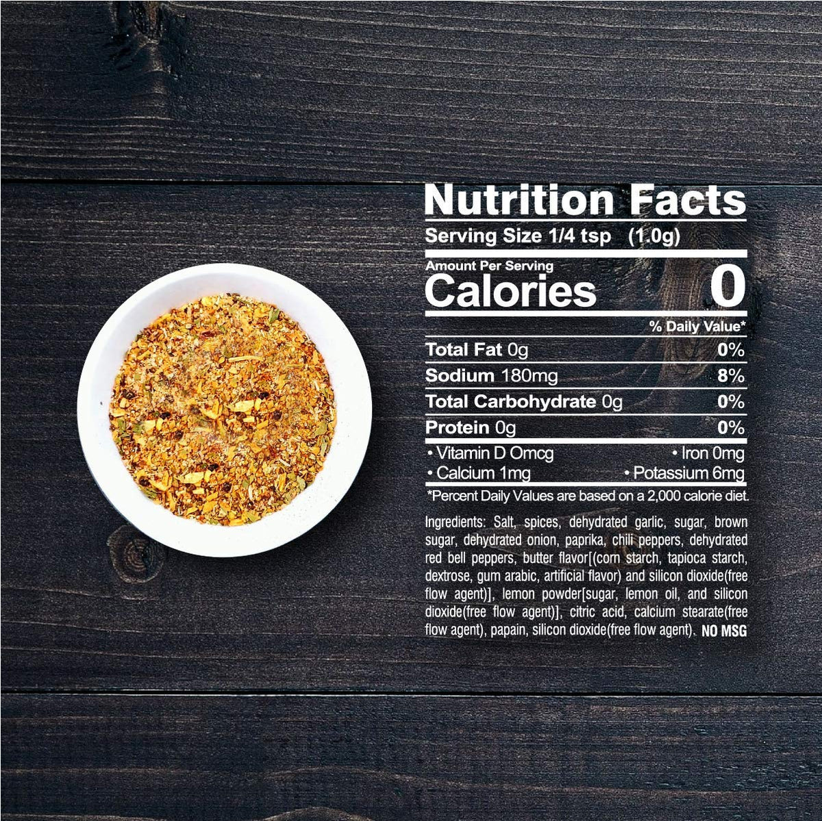 Close-up of No MSG label highlights Texas-made seasoning quality.