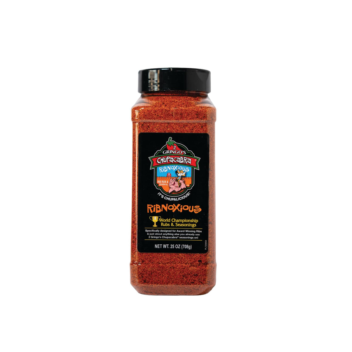 2 Gringos Chupacabra Ribnoxious Rub bottle front label for bold BBQ flavor