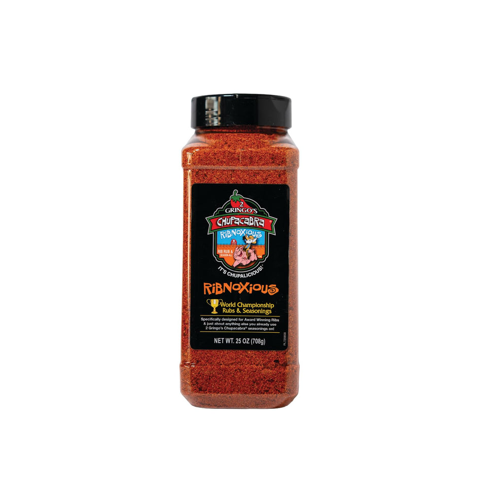 2 Gringos Chupacabra Ribnoxious Rub bottle front label for bold BBQ flavor