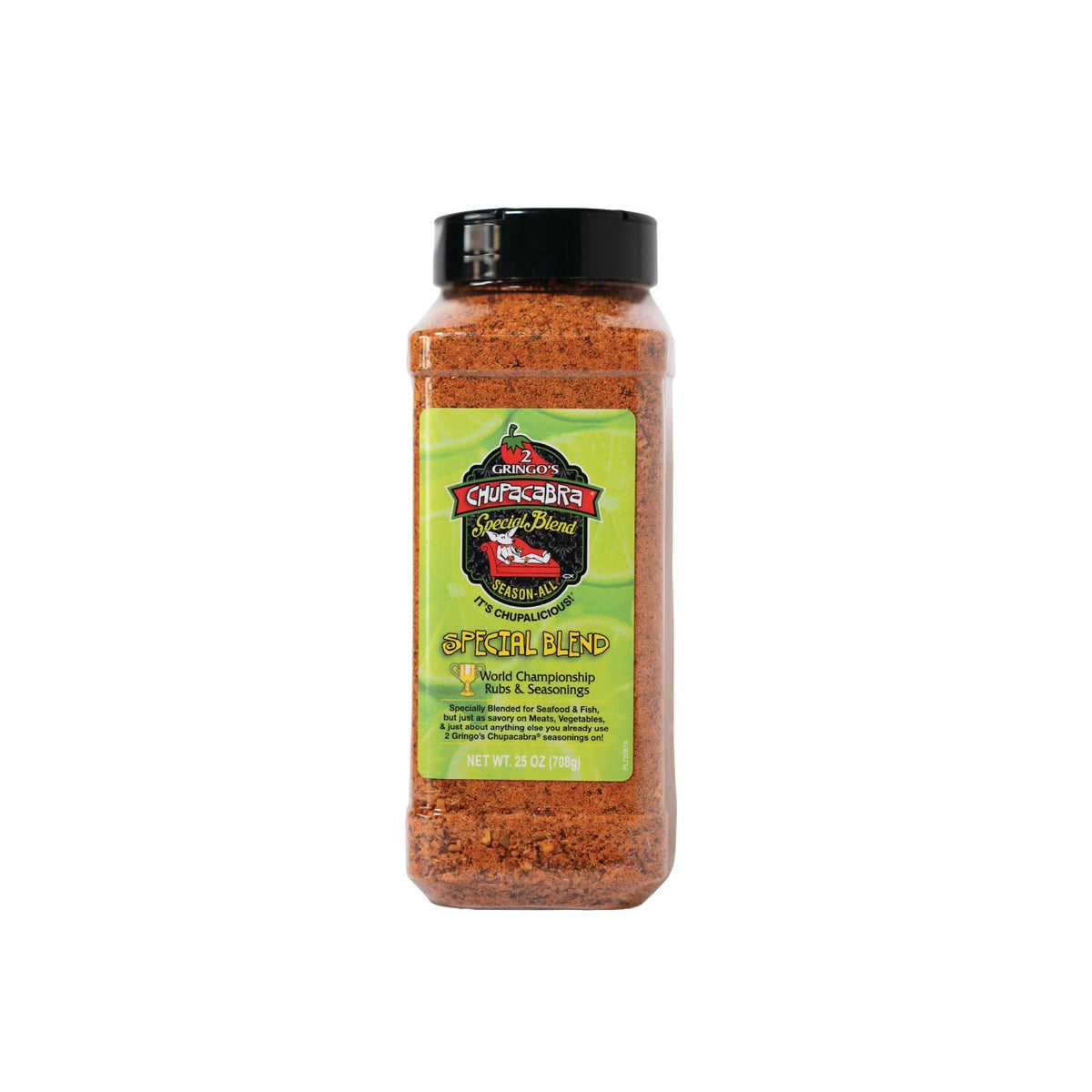 2 Gringos Chupacabra seasoning bottle front; lime-infused flavor ready for seafood.
