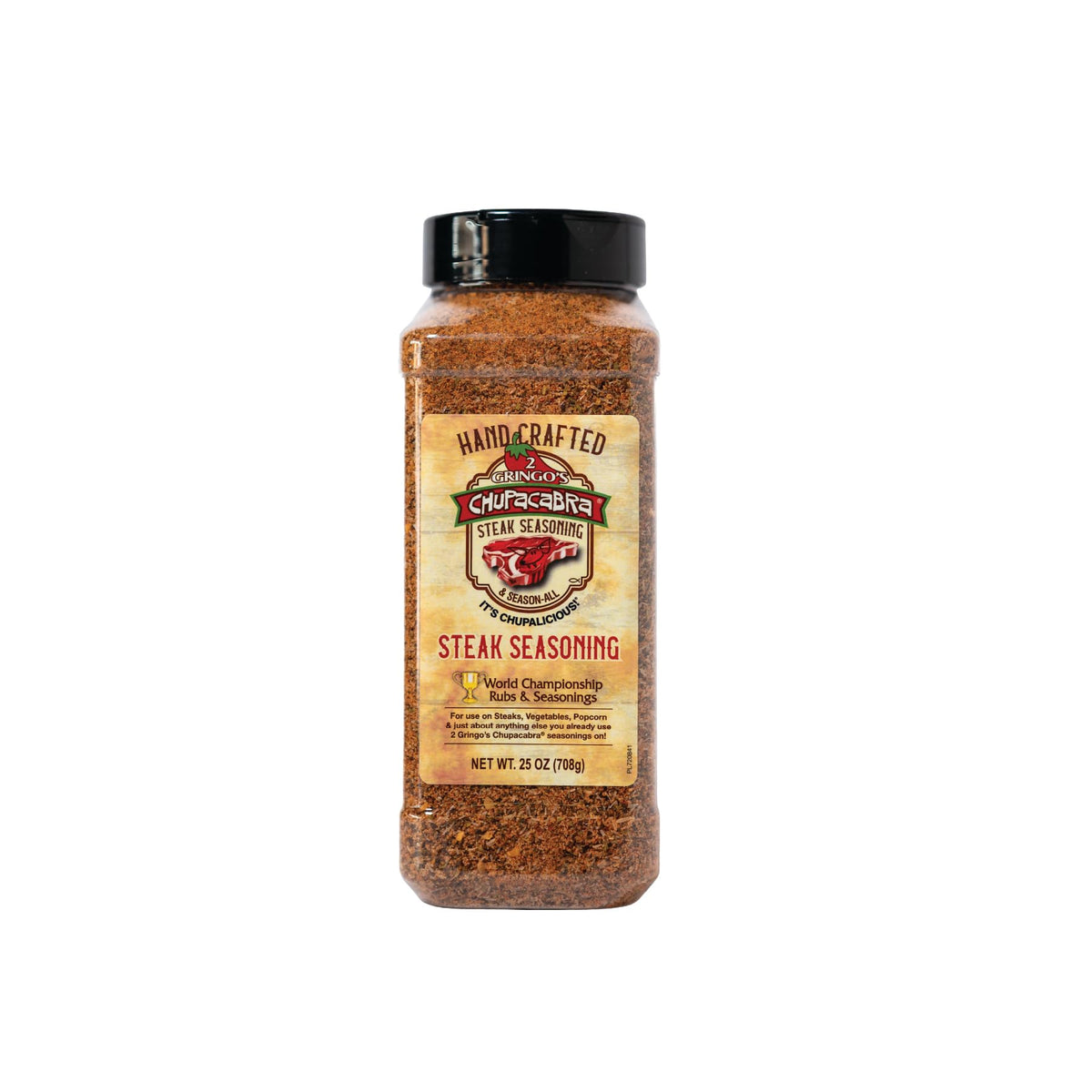 2 Gringos Chupacabra steak seasoning bottle enhances steak flavor with bold spice.