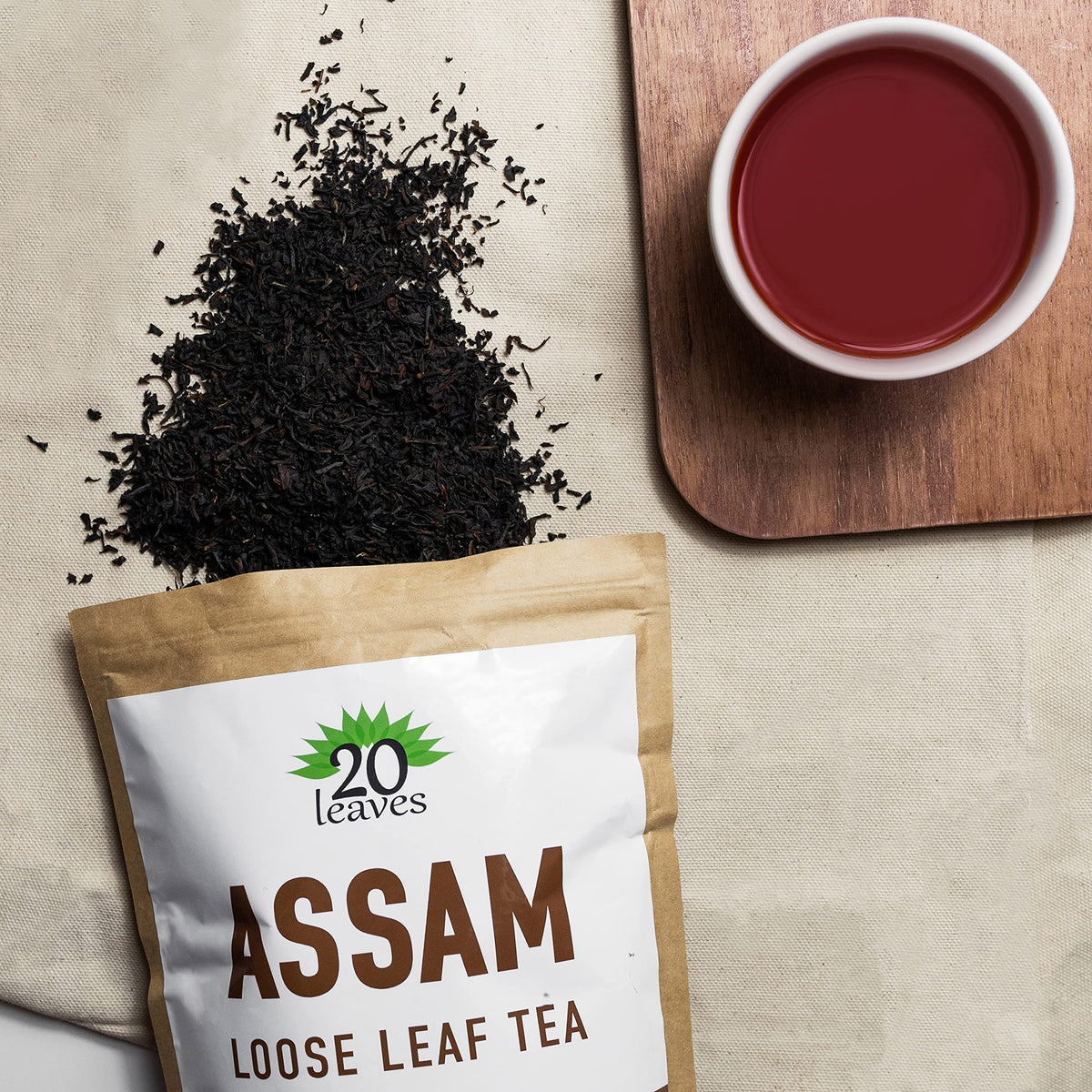 1lb pouch of 20 Leaves Assam loose leaf tea on shelf