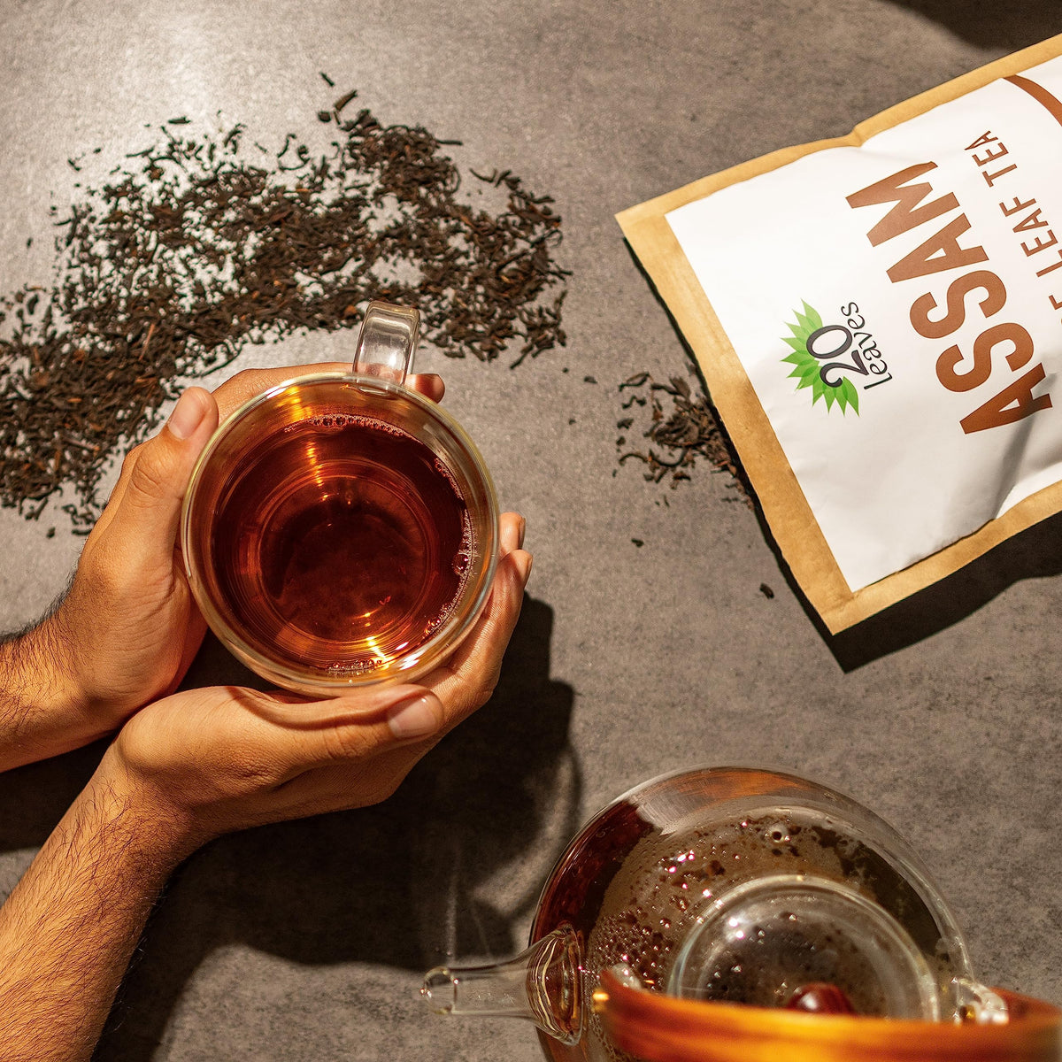 Dry Assam loose leaf tea leaves releasing rich aroma