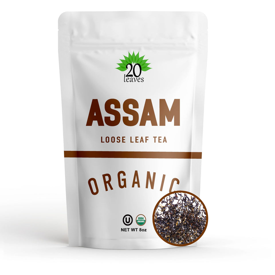 20 Leaves Assam loose-leaf tea offers a rich, malty cup with subtle fruit and spice hints.