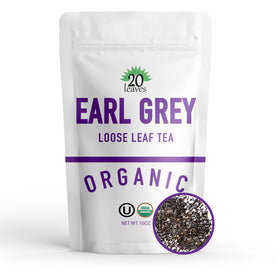 20 Leaves Earl Grey loose-leaf tea in 1lb pouch showing premium packaging and organic quality